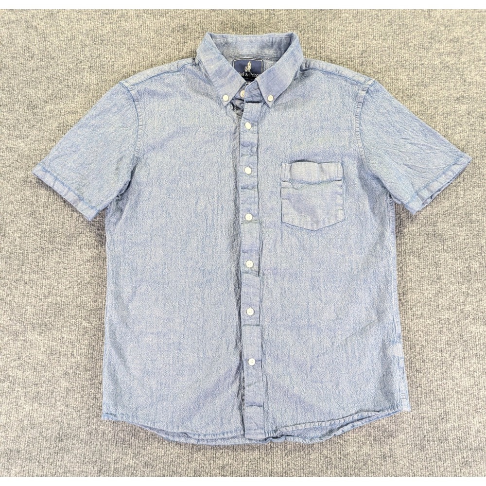 Wool & Prince Mens Blue Wool Linen Short Sleeve Button Down Shirt Regular Fit L